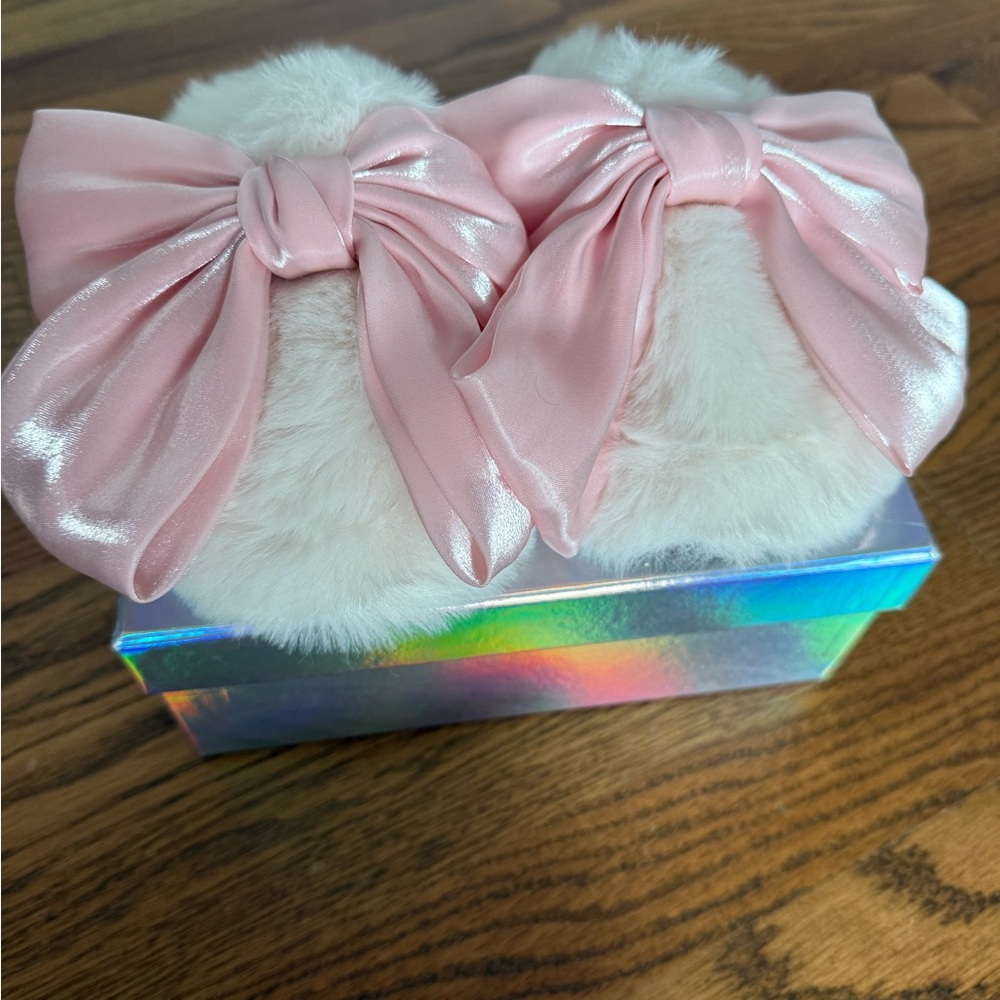 Pink and White Kids' Furry Bow Slippers